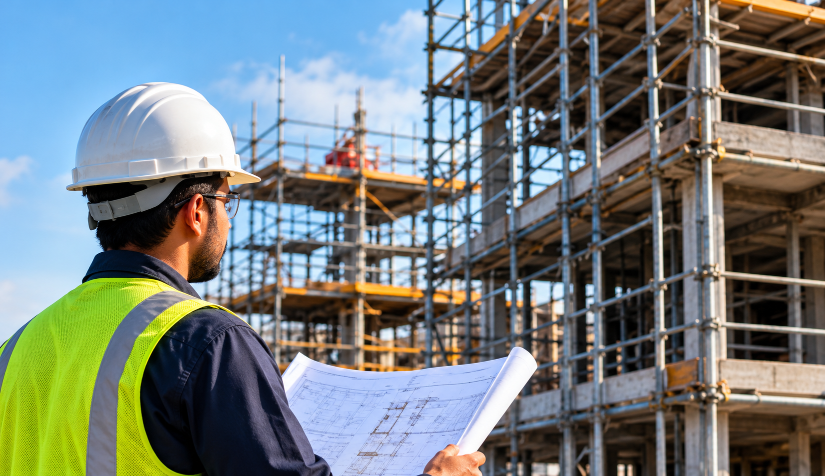 Engineer reviewing construction plans at a building site